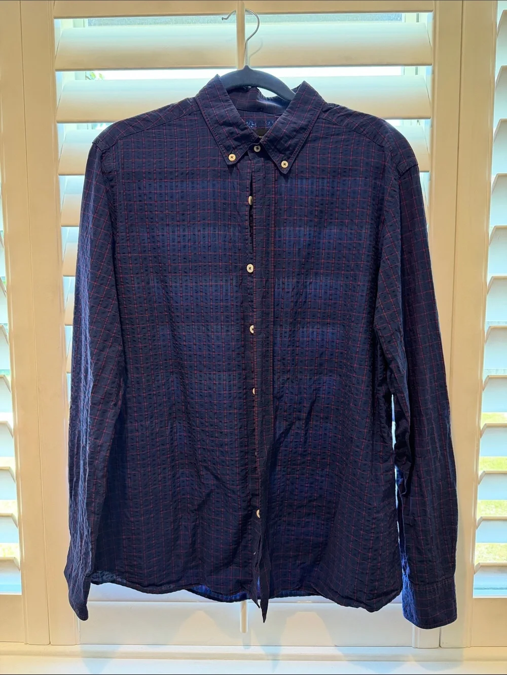 Massimo Dutti Navy Blue Shirt with Red Windowpane - Picture 1 of 4